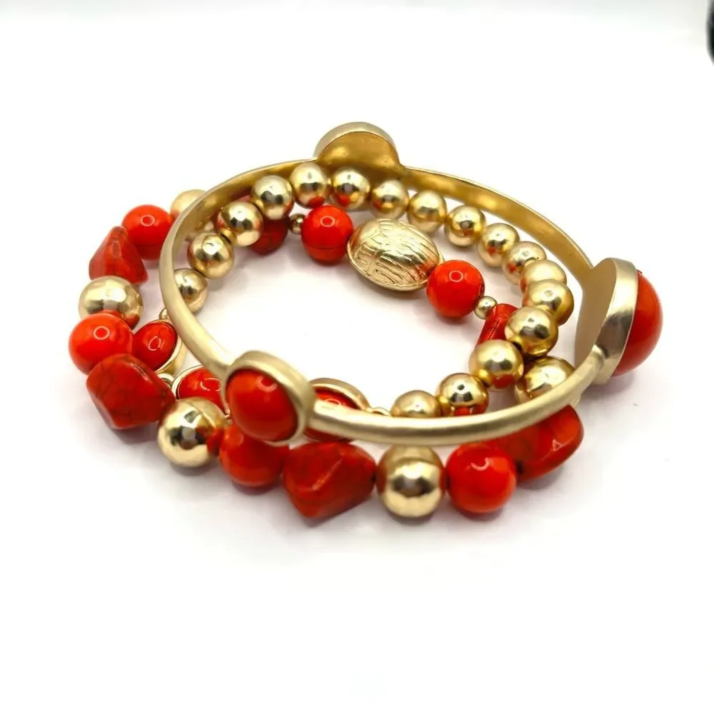 Maximalist Statement Gold and Red Beaded Bracelet Set of 3